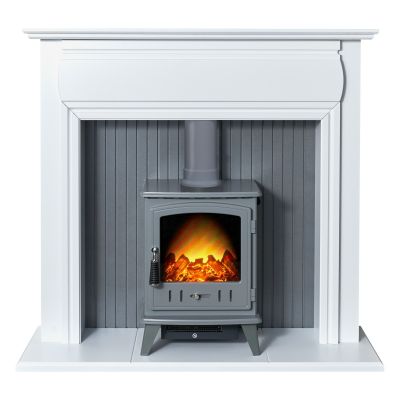 Adam Florence Stove Suite in Pure White with Aviemore Electric Stove in Grey Enamel & Grey Pipe 48 Inch