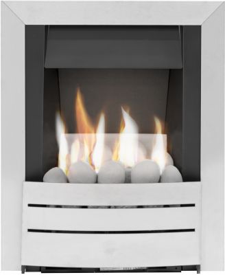 Adam Hera Slimline Gas Fire in Brushed Steel with Pebble Bed