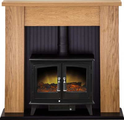 Adam New England Stove Suite in Oak with Woodhouse Electric Stove in Black, 48 Inch