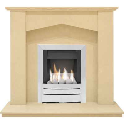 The Georgia Fireplace in Beige Stone with Adam Hera Gas Fire in Brushed Steel, 48 Inch