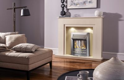 48" Melford Marble Fireplace in Beige Stone with Lights and 1" rebate
