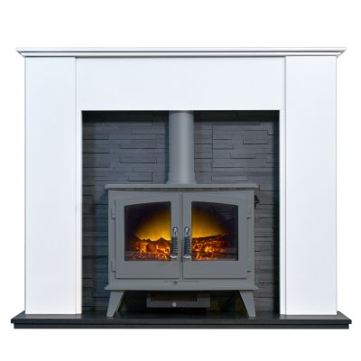 Adam Montara in Crystal White with Woodhouse Electric Stove in Grey & Downlights, 54 Inch