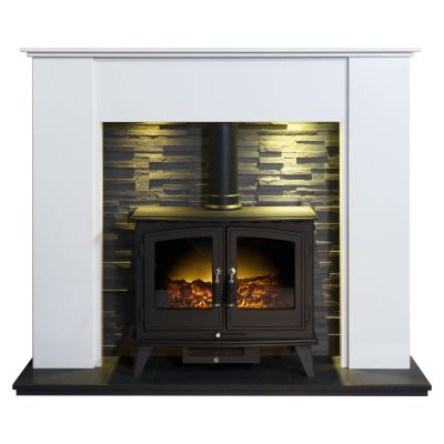 Adam Montara in Crystal White with Woodhouse Electric Stove in Black & Downlights, 54 Inch