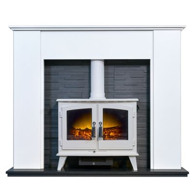 Adam Montara in Crystal White with Woodhouse Electric Stove in Pure White & Downlights, 54 Inch