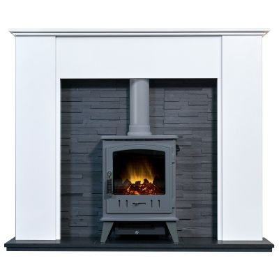 Adam Montara in Crystal White with Aviemore Electric Stove in Grey Enamel & Downlights, 54 Inch