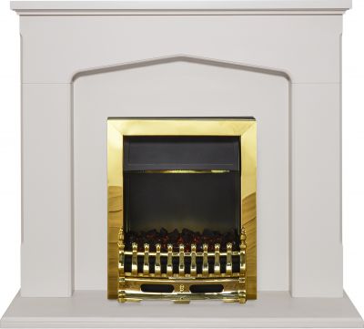 Adam Cotswold Fireplace Suite in Stone Effect with Blenheim Electric Fire in Brass, 48 Inch