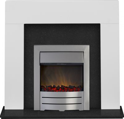 Adam Miami Fireplace Suite in Pure White and Granite with Colorado Fire in Brushed Steel, 48 Inch