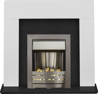 Adam Miami Fireplace Suite in Pure White and Granite with Helios Fire in Brushed Steel, 48 Inch