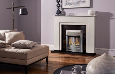 48" Melford Marble Fireplace in China White with Granite Back Panel & Hearth with Lights & 1" Rebate