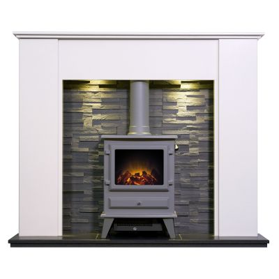 Adam Montara in Crystal White with Hudson Electric Stove in Grey & Downlights, 54 Inch