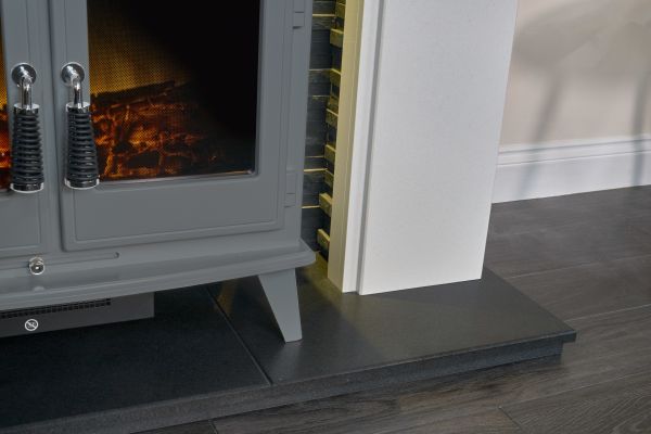 Adam Montara in Crystal White with Woodhouse Electric Stove in Grey & Downlights, 54 Inch