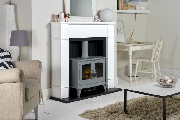 Adam Oxford Stove Suite in Pure White with Woodhouse Electric Stove in Grey, 48 Inch