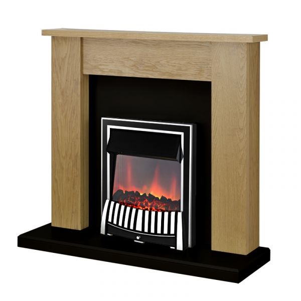 Adam New England Fireplace Suite in Oak and Black with Elan Electric Fire in Chrome, 48 Inch