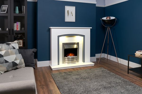 Adam Tuscany Fireplace in Pure White  & Grey with Comet Electric Fire in Brushed Steel, 48 Inch