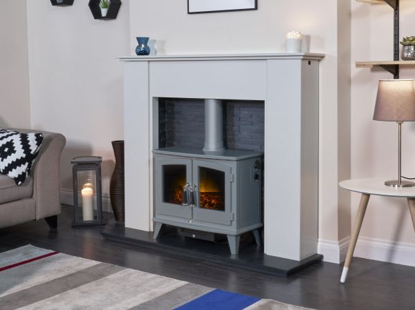 Adam Montara in Crystal White with Woodhouse Electric Stove in Grey & Downlights, 54 Inch
