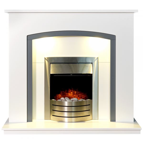 Adam Tuscany Fireplace in Pure White  & Grey with Comet Electric Fire in Brushed Steel, 48 Inch