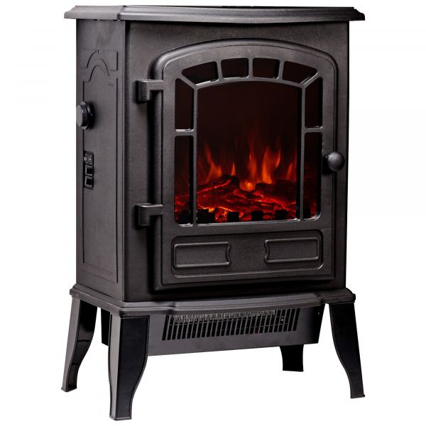 The Ripon 1&2KW Freestanding Black Electric Stove with Realistic LED Flame Effect and Log Fuel Bed