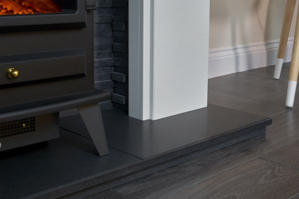 Adam Montara in Crystal White with Hudson Electric Stove in Black & Downlights, 54 Inch