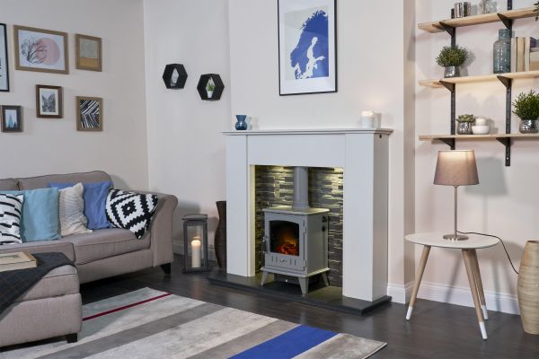 Adam Montara in Crystal White with Aviemore Electric Stove in Grey Enamel & Downlights, 54 Inch