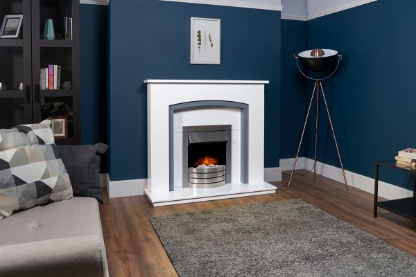 Adam Tuscany Fireplace in Pure White  & Grey with Comet Electric Fire in Brushed Steel, 48 Inch