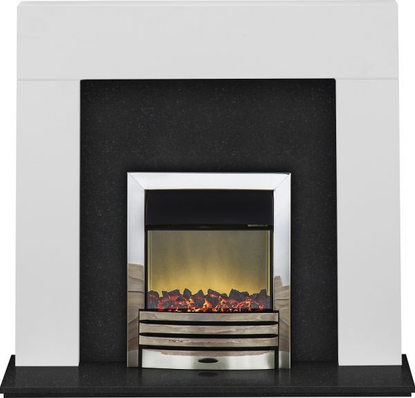 Adam Miami Fireplace Suite in Pure White and Granite with Eclipse Electric Fire in Chrome, 48 Inch
