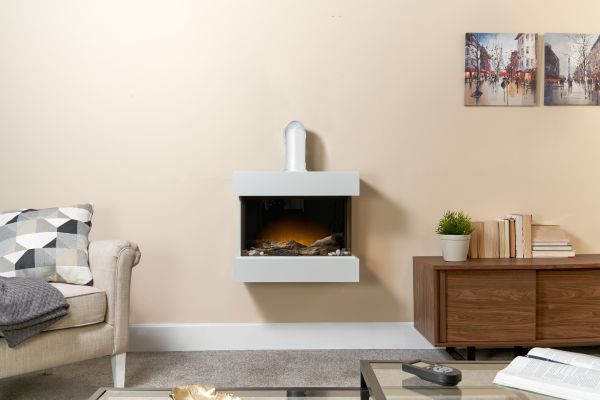 Adam Vega Electric Wall Mounted Fireplace Suite with Stove Pipe & Remote Control in Pure White