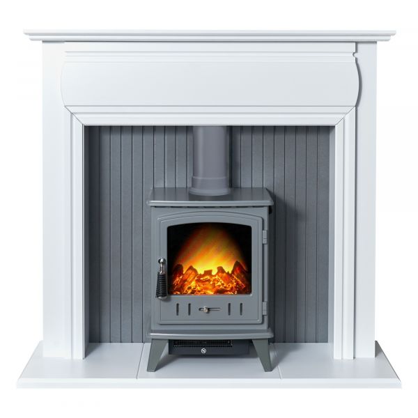 Adam Florence Stove Suite in Pure White with Aviemore Electric Stove in Grey Enamel & Grey Pipe 48 Inch