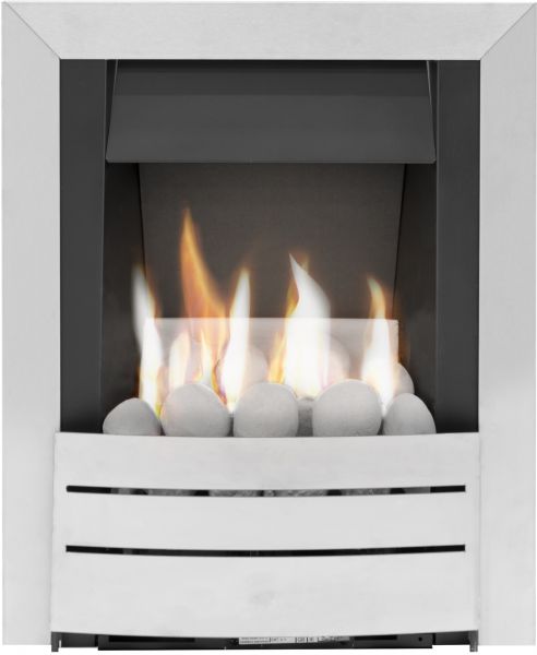 Adam Hera Slimline Gas Fire in Brushed Steel with Pebble Bed
