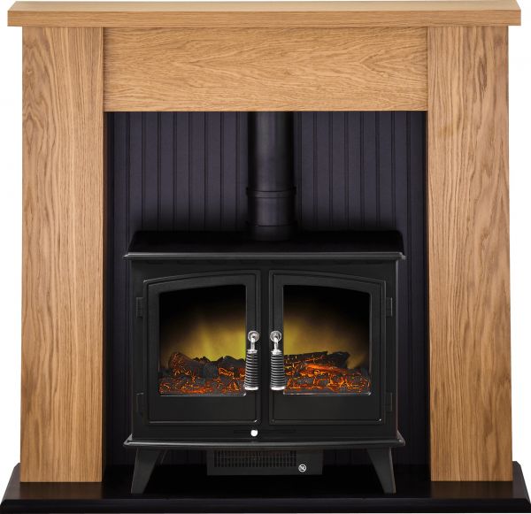Adam New England Stove Suite in Oak with Woodhouse Electric Stove in Black, 48 Inch
