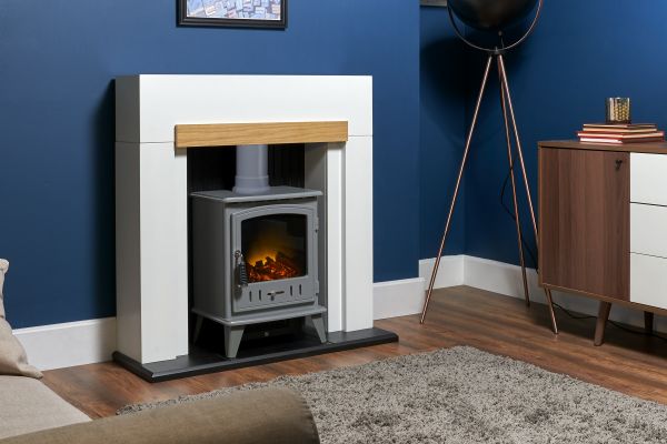 Adam Salzburg in Pure White & Oak with Aviemore Electric Stove in Grey Enamel, 39 Inch