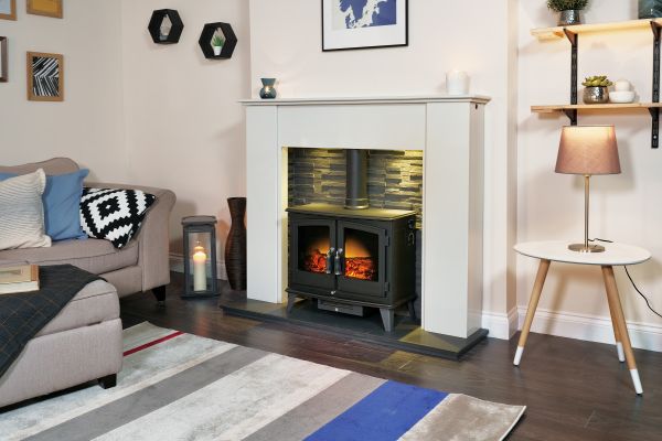 Adam Montara in Crystal White with Woodhouse Electric Stove in Black & Downlights, 54 Inch