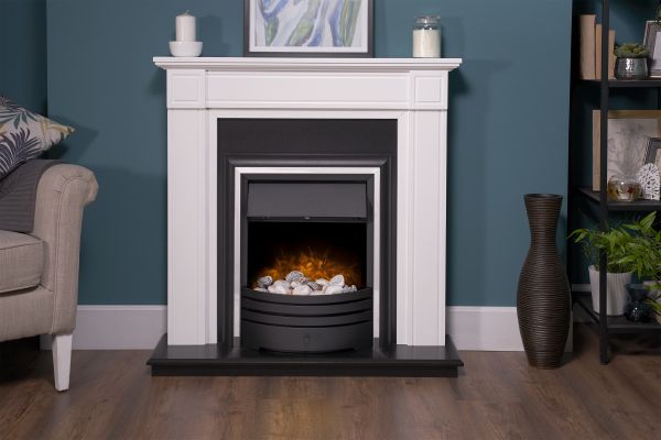 Adam Georgian Fireplace Suite in Pure White & Black with Cambridge 6-in-1 Electric Fire in Black, 39 Inch