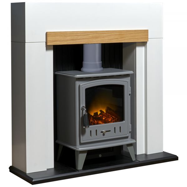 Adam Salzburg in Pure White & Oak with Aviemore Electric Stove in Grey Enamel, 39 Inch