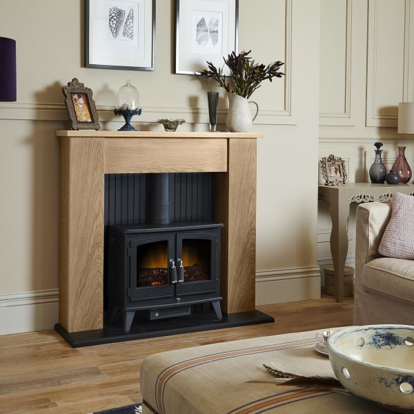 Adam New England Stove Suite in Oak with Woodhouse Electric Stove in Black, 48 Inch