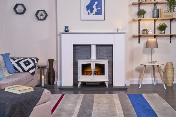 Adam Montara in Crystal White with Woodhouse Electric Stove in Pure White & Downlights, 54 Inch