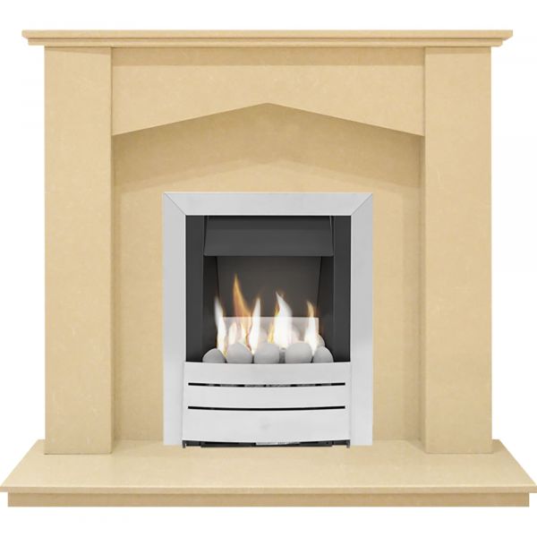 The Georgia Fireplace in Beige Stone with Adam Hera Gas Fire in Brushed Steel, 48 Inch