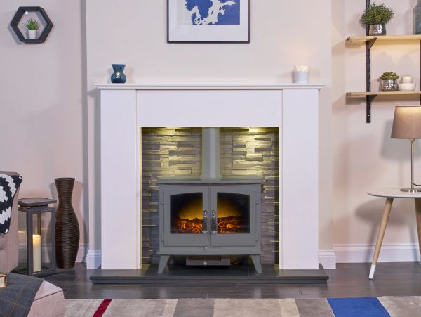 Adam Montara in Crystal White with Woodhouse Electric Stove in Grey & Downlights, 54 Inch