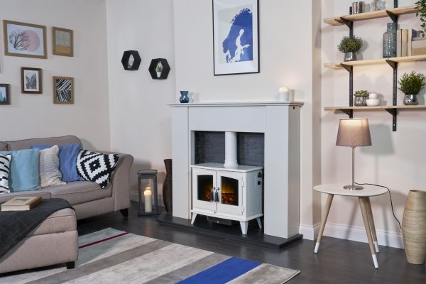 Adam Montara in Crystal White with Woodhouse Electric Stove in Pure White & Downlights, 54 Inch
