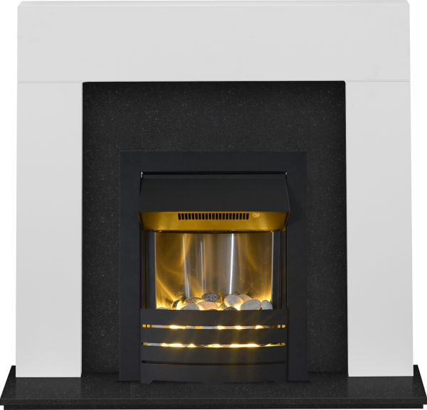 Adam Miami Fireplace Suite in Pure White and Granite with Helios Electric Fire in Black, 48 Inch