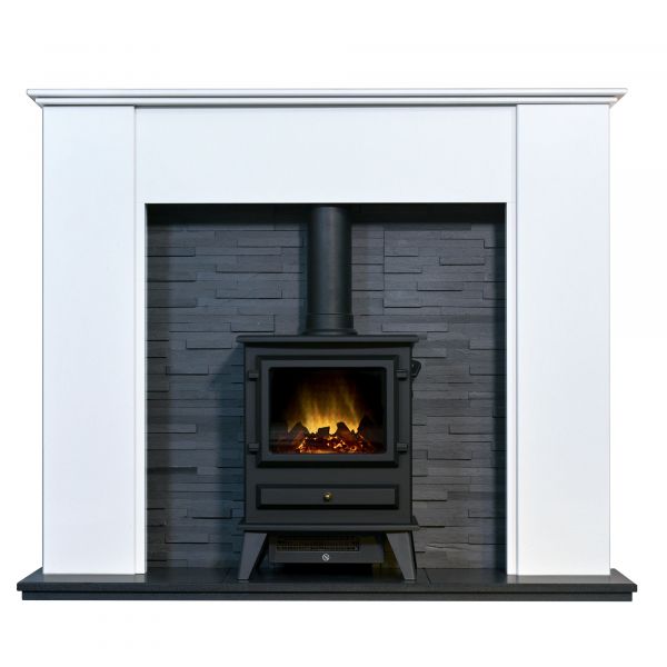 Adam Montara in Crystal White with Hudson Electric Stove in Black & Downlights, 54 Inch