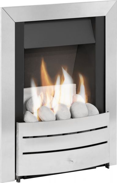 Adam Hera Slimline Gas Fire in Brushed Steel with Pebble Bed