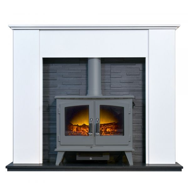 Adam Montara in Crystal White with Woodhouse Electric Stove in Grey & Downlights, 54 Inch