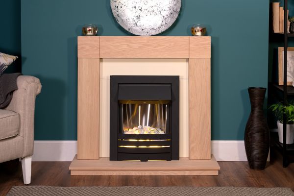 Adam Malmo in Oak & Black/Cream with Helios Electric Fire in Black, 39 Inch