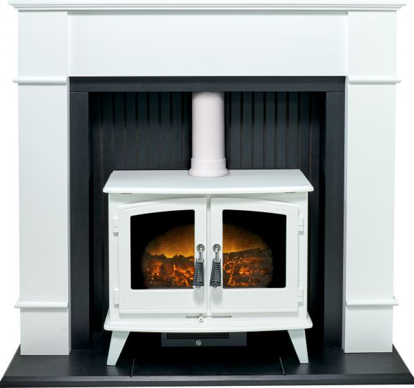 Adam Oxford Stove Suite in Pure White with Woodhouse White Electric Stove, 48 Inch