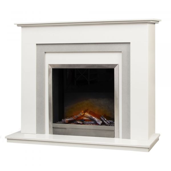 The Monterrey Fireplace in Crystal White with Adam Ontario Electric Fire in Brushed Steel, 48 Inch