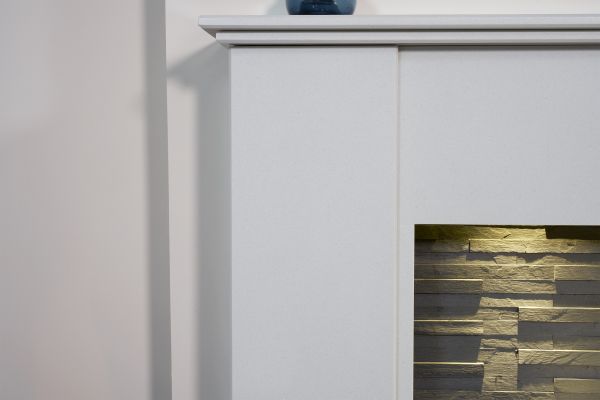 Adam Montara in Crystal White with Hudson Electric Stove in Black & Downlights, 54 Inch