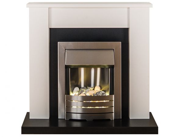 Adam Solus Fireplace Suite in Black and White with Helios Electric Fire in Brushed Steel, 39 In