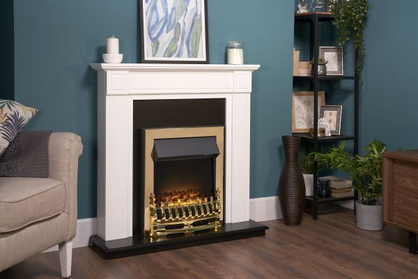 Adam Georgian Fireplace Suite in Pure White with Blenheim Electric Fire in Brass, 39 Inch