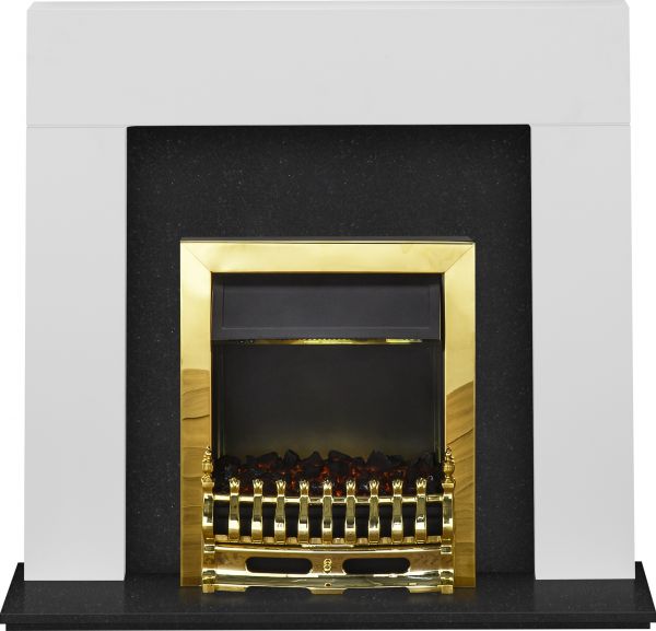 Adam Miami Fireplace Suite in Pure White and Granite with Blenheim Electric Fire in Brass, 48 Inch