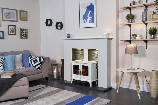 Adam Montara in Crystal White with Woodhouse Electric Stove in Pure White & Downlights, 54 Inch
